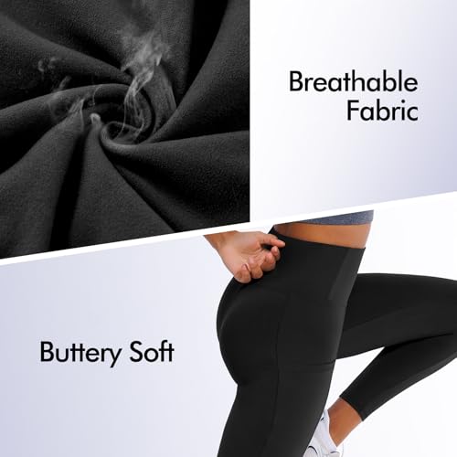 High Waisted Leggings for Women - Full Length 2 Pockets - Black - Large/X-Large