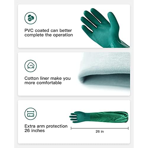 Pacific PPE Oil Resistant Gloves 26 Inch Reusable PVC Coated Work Gloves,Fishery, Machinery, Chemical Industrial Gloves with Cotton Liner,Heavy Duty Chemical Resistant Gloves, Non-slip(Green,L)