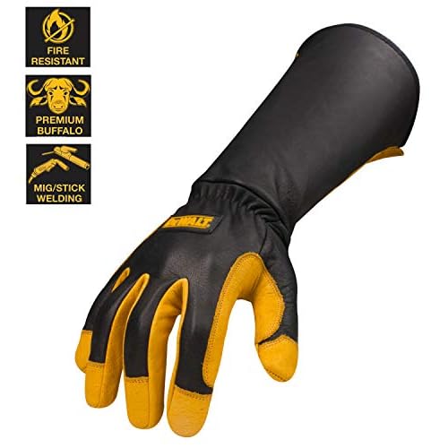 DEWALT Premium Leather Welding Gloves, Fire/Heat Resistant, Gauntlet-Style Cuff, Elastic Wrist