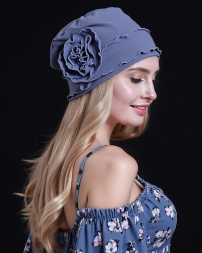 osvyo Cotton Blue Grey Chemo Headwear Turban Cap for Women - Cancer Hair Loss Beanie, Sealed Packaging