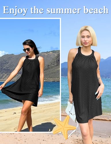Womens Crochet Swimsuit Cover Up - Sleeveless Beach Tank Dress - Black Large
