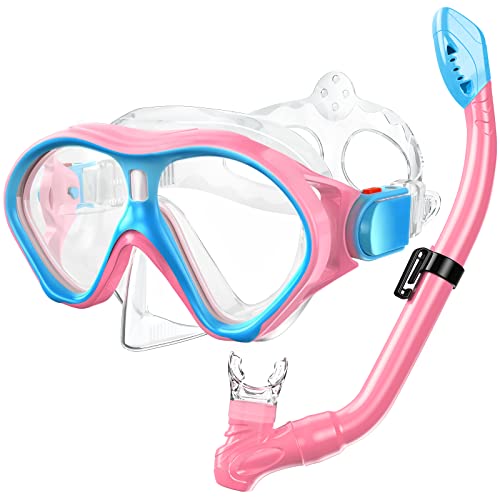 Kids Snorkeling Gear Set - Anti-Fog Mask & Dry Top Snorkel - Pink/Blue X-Small