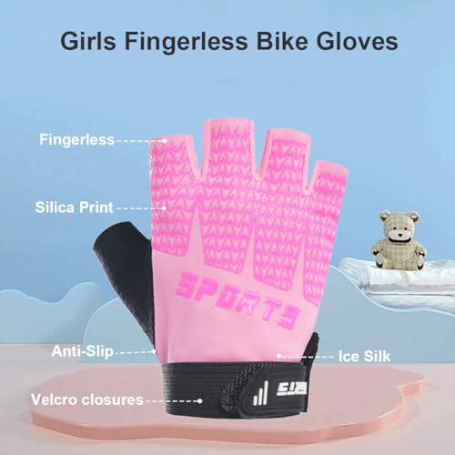 Fingerless Bike Gloves for Girls - Medium Pink, Non-Slip Design
