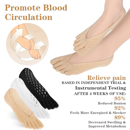 6 Pcs Alignment Toe Socks - No Show Low Cut Five Finger - Black, White, Skin Tone