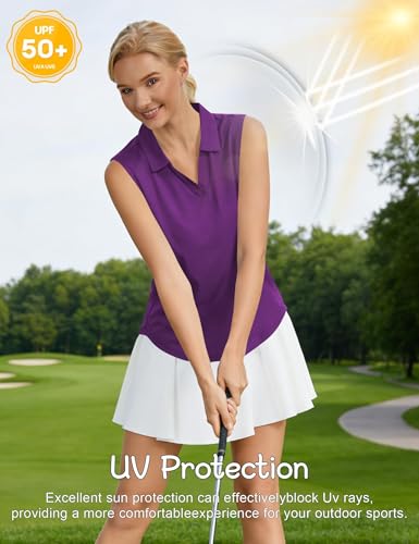 Women's Purple Sleeveless Golf Polo Shirt UVF 50+ Quick Dry Tennis Top Large