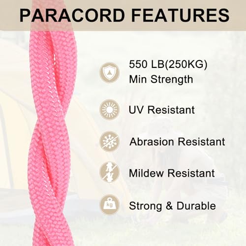 550 Paracord Rope - 10ft Fluorescent Pink Nylon Cord, 7-Strand Core