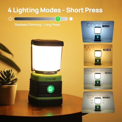 Consciot 4 Pack Green Battery-Powered LED Camping Lanterns 1000LM Dimmable & Water-Resistant