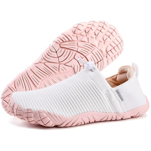 WateLves Water Shoes Women & Men - Lightweight Striped Barefoot Water Footwear, Size 8 Women / 7 Men, White Pink