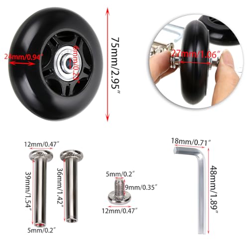 Luggage Replacement Wheels Kit - 75mm x 24mm, Set of 2