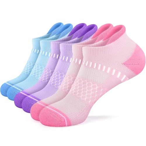 Light Compression Ankle Socks for Women - Arch Support, Cushioned - 3 Pack (Pink+Purple+Blue)