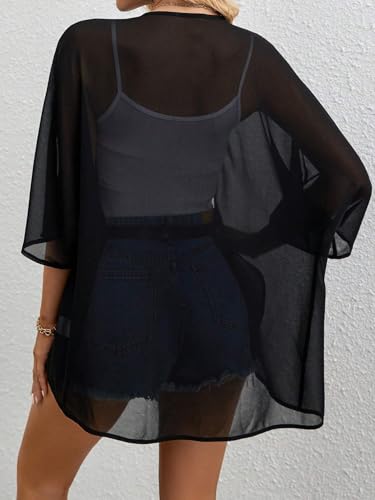 Women's Chiffon Kimono Cardigan Sheer Beach Cover Up - Black, Small