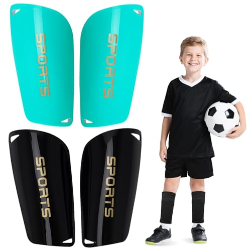 Kids Soccer Shin Guards - 2 Pairs Lightweight Protective Gear - Black+Aqua