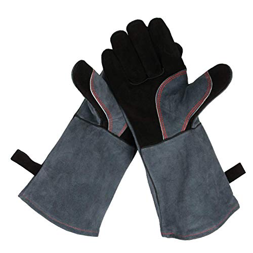 932¢µ Grill BBQ Gloves 16-inch Heat Resistant Leather Forge Welding Glove with Flame Retardant Long Sleeve and Insulated Lining for Men and Women Black-Gray