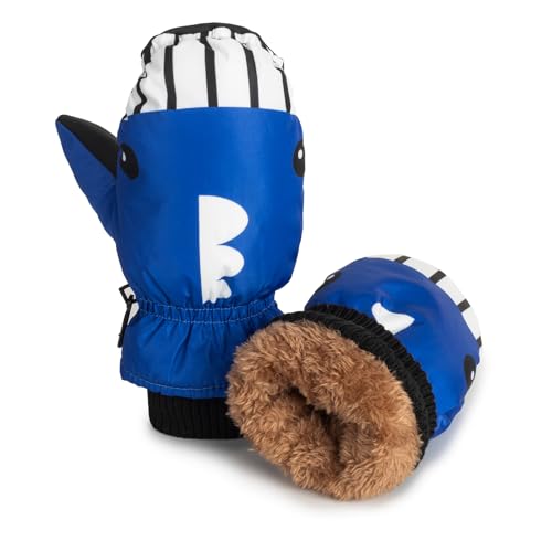 Kids Waterproof Ski Mittens - Blue Shark Design, 4-8 Years