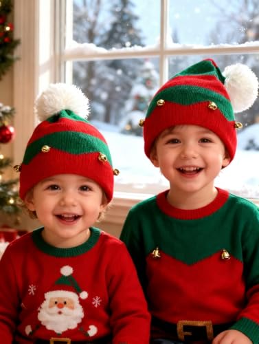 Christmas Elf Knitted Hat for Kids - Red & Green Beanie (1-6 Years)