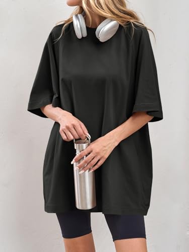 Oversized Women's Crew Neck Tunic Tee - Summer Casual Black, Large