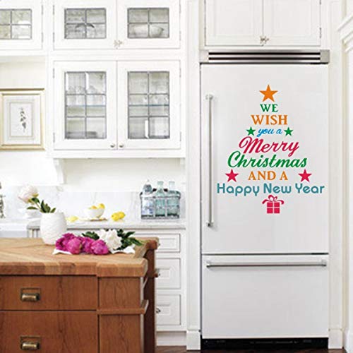 Christmas Tree Letters Wall Decal Wall Art Sticker, Peel and Stick Removable Christmas and New Year Wishes Tree Words Letters Wall Print Stickers Pictures for Door and Window Refrigerator Living room.
