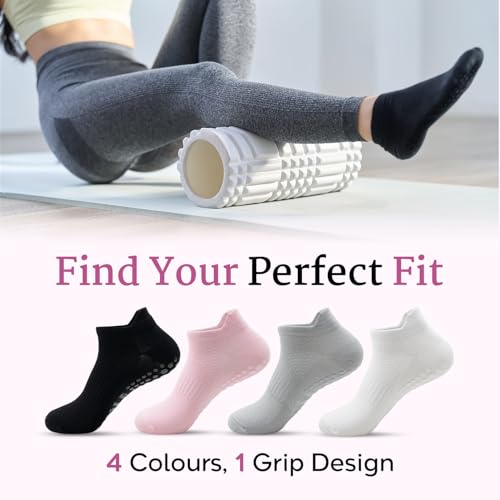 Non-Slip Pilates & Yoga Socks - 4 Pack Combed Cotton Grippy Socks