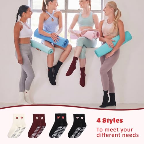 Cute Pilates Socks with Grips for Women - 4 Pairs