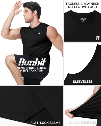 Runhit Men's Black Large Quick Dry Sleeveless Workout Tank Top UPF 50+ Moisture Wicking Athletic Shirt