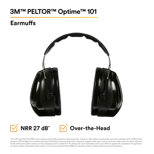 3M PELTOR Hearing Protection Optime 101 Earmuffs, Over the Head, H7A, 27 dB NRR, Adjustable Earcups, E-A-Rfit Compatible, Stainless Steel, Pack of 1, Black/Red