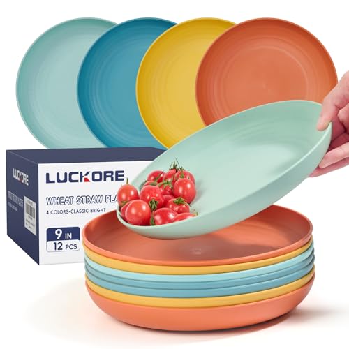 Luckore 9 Inch Wheat Straw Plates, Deep Dinner Plates Set of 12