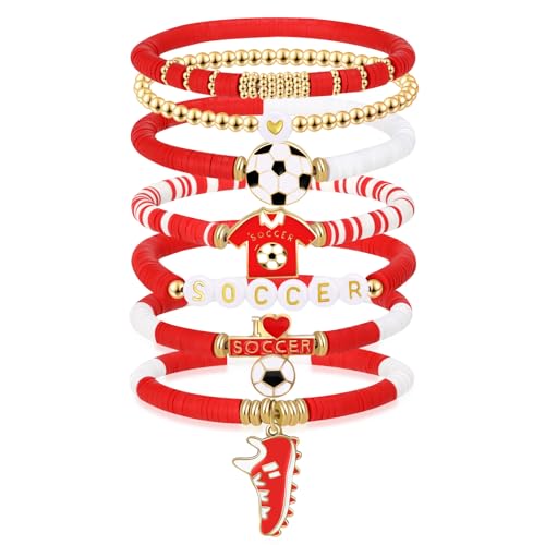 Soccer Bracelet - 7 Pack Stretch Beaded Game Day Jewelry - Red