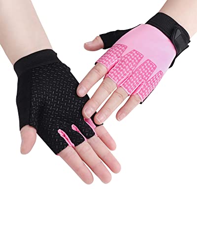 Kids Half Finger Sports Gloves - Non-Slip Gel Grip - Pink
