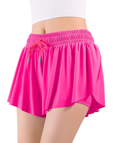 Auranso Girls Butterfly Shorts 2-in-1 Athletic Flowy Shorts with Pocket, 7-8 Years Hot Pink
