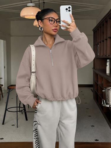 Rexley Women’s Quarter Zip Pullover Crop Sweatshirt – Cinchable Fleece (Medium, Nude Pink)