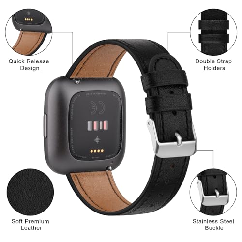 Genuine Leather Replacement Band for Fitbit Versa 2 - Black