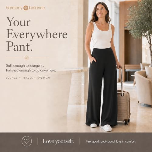 Harmony & Balance Palazzo Pants for Women - High Waisted Wide Leg Yoga Pants with Pockets (Medium, Black Flat Front)