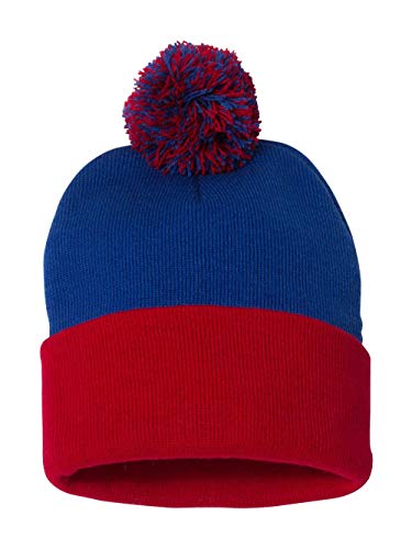 Royal/Red Pom-Pom Knit Beanie - 12" One Size