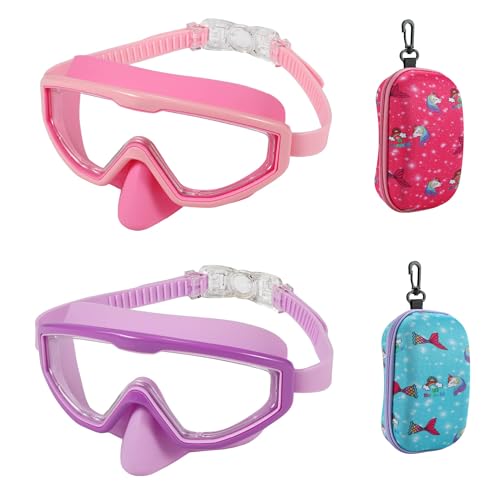 Kids Swim Goggles 6-14 with No Tangle Strap, Pink & Purple 2-Pack, UV Protection