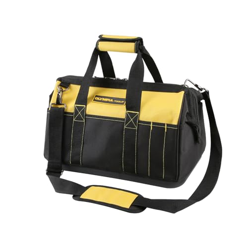 Olympia Tools 16 Inch Wide Mouth Tool Bag, Tool Tote with Water Proof Molded Base, Tool Bags for men with 21 Pockets and 7 Belt Loops, Padded Handle, Adjustable Shoulder Strap