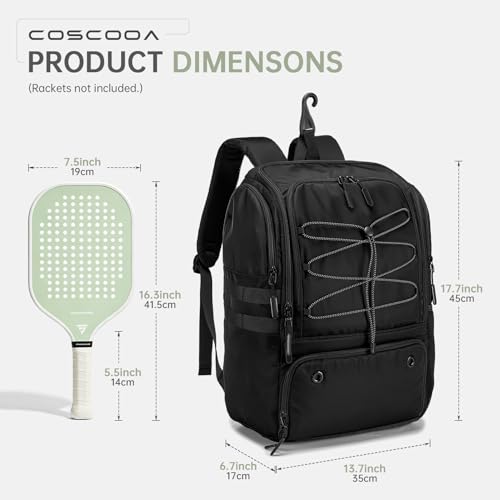 COSCOOA Black Large Pickleball Bag with Shoe Compartment 27L Backpack