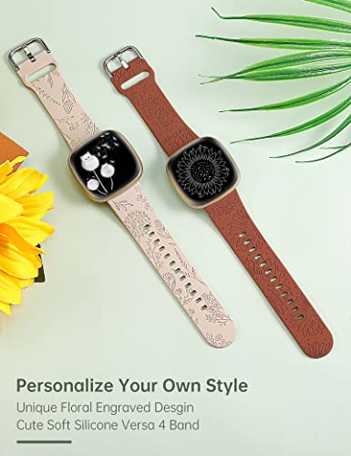 Minyee Floral Silicone Band for Fitbit Versa 4/3 & Sense 2 - Starlight & Brown, Sunflower & Dandelion Design, Soft Sport Strap for Women