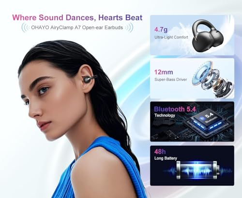 OHAYO Open-Ear Clip-On Headphones for Glasses Wearers, 40H Battery, Bluetooth 5.4, 4.7g