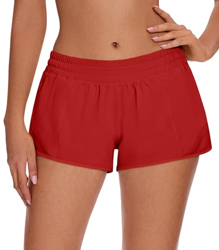 Women's Athletic Running Shorts with Zipper Pocket - Red / Medium - Lightweight Gym Workout with Mesh Liner, Quick Dry