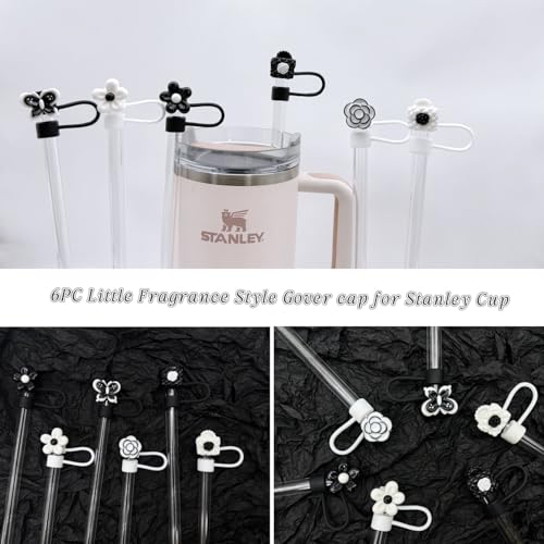 10mm Black & White Straw Cover Caps - 6 Pcs with Flower Design
