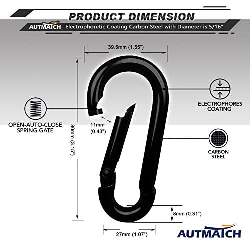 AUTMATCH 3" Carabiner Clips Heavy Duty M8 5/16" Silver & Black Pack of 4