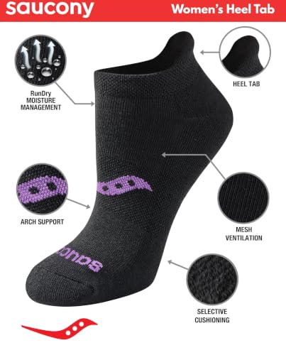 Saucony Women's RunDry Performance Heel Tab Athletic Socks - Medium Black Mix, 8 Pairs