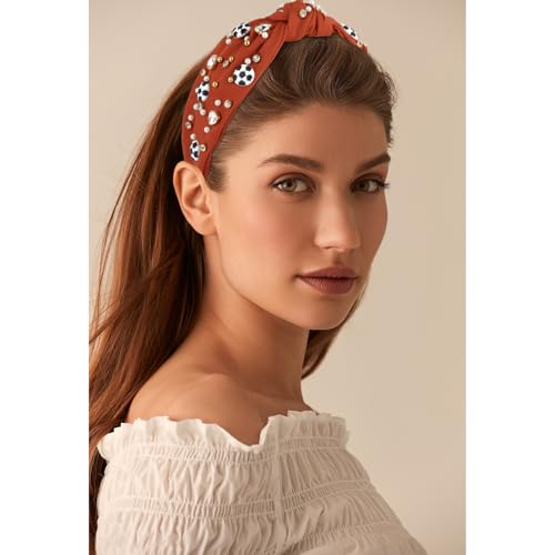 Soccer Knotted Headband for Women - Crystal Embellished Orange