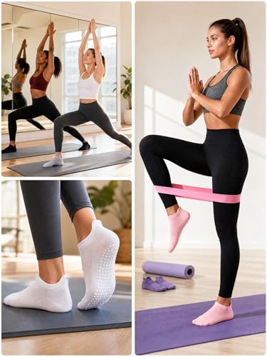 Non-Slip Grip Socks for Women - Pilates, Yoga, Barre - Black/Gray/Pink/Purple