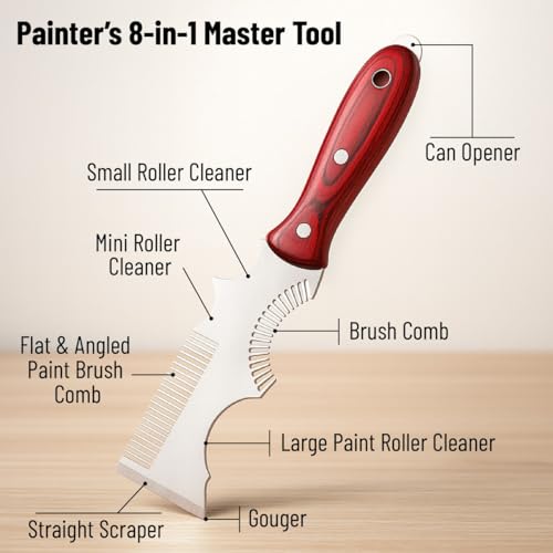 Bates- 8-in-1 Painters Tool, Wooden Handle, Stainless Steel Paint Brush Cleaner Tool, Paint Brush Comb