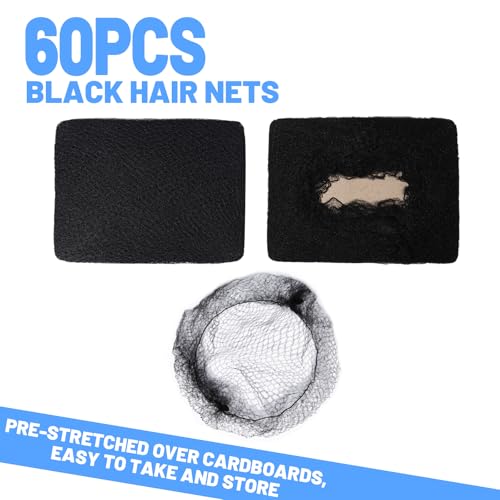 LEOBRO Black Hair Nets, 60 pcs Hair Nets for Food Service Workers, Invisible Nylon Hair Nets for Women and Men, Hairnets for Buns, 24 inches