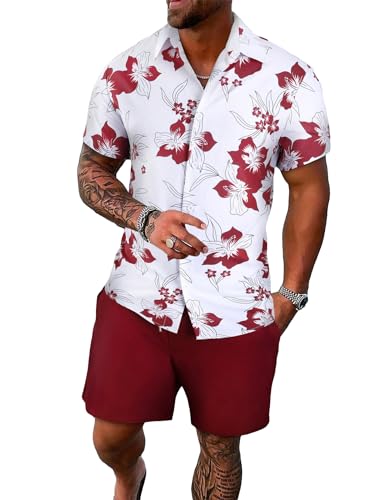 GORGLITTER Men's Rave Vacation 2-Piece Shorts Set Large Red & White