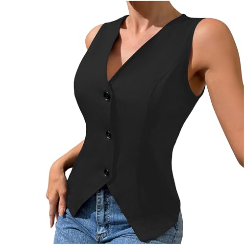 Women's V Neck Sleeveless Button Down Vest - Black, X-Large