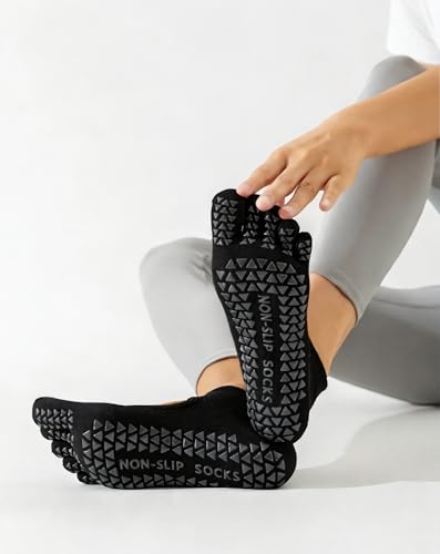 Yawlsow 3 Pairs Women Toe Socks with Grips, Non-Slip Yoga & Pilates Socks, One Size, Black (Set of 3)