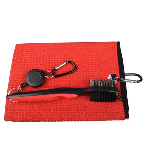 Microfiber Golf Towel and Retractable Club Brush Set - 16x24 Inch - Red